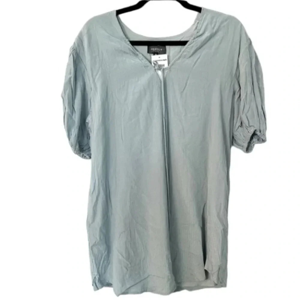 4SI3NNA Women’s Blue Slate Short Puff Sleeve Tie Neck Blouse Size XS NWT